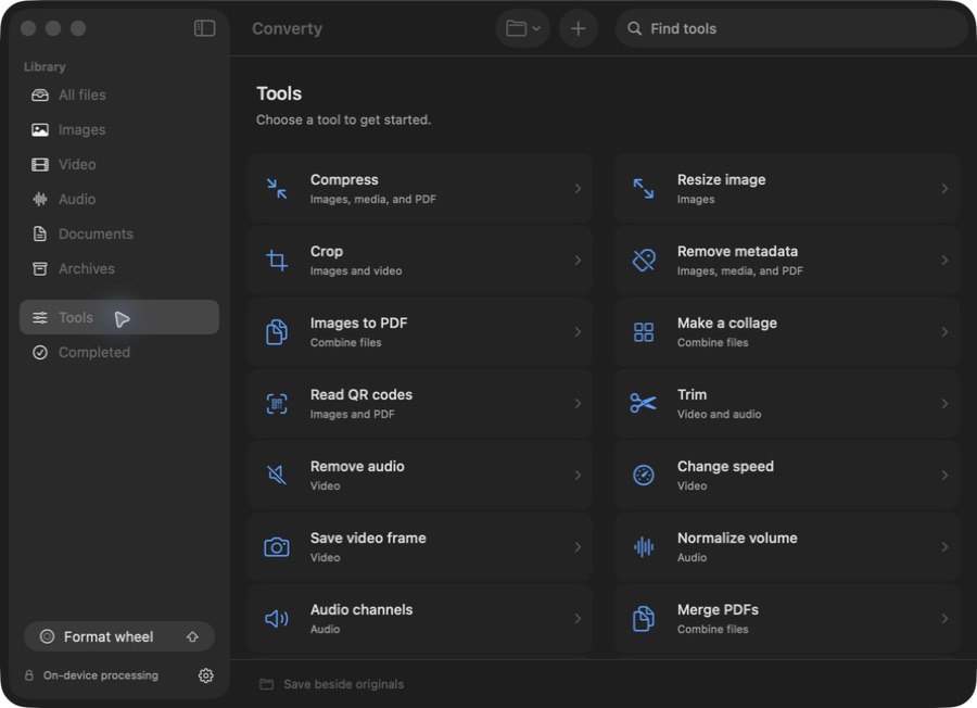 The real Converty Mac app in dark appearance, showing its native sidebar and tools including compress, crop, resize, trim, and merge PDFs.